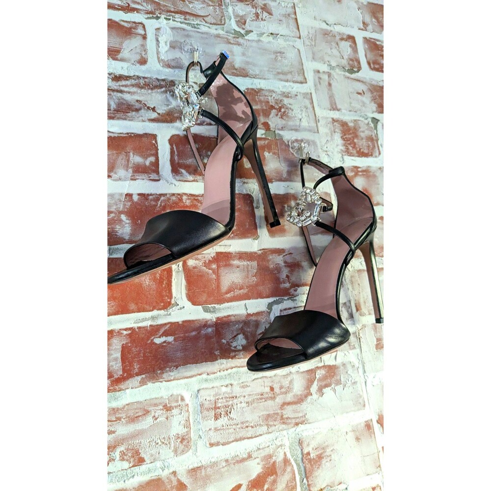 Gucci Black Leather Strappy Ankle Strap Buckle Rhinestone 5" Heel Sandals US 9